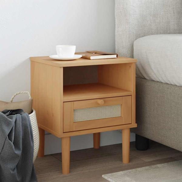 ARDEBO.de - Nachttisch SENJA Rattan-Look Braun 40x35x48cm Massivholz Kiefer