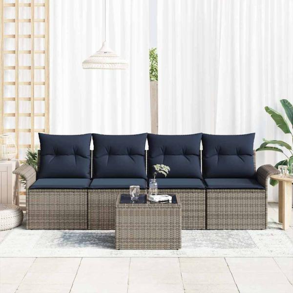 Sofa Set mit Kissen 5 pcs Grau Poly-Rattan