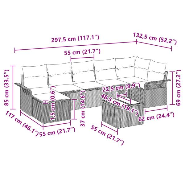 Gartensofa-set mit Kissen 8 pcs Grau Poly-Rattan