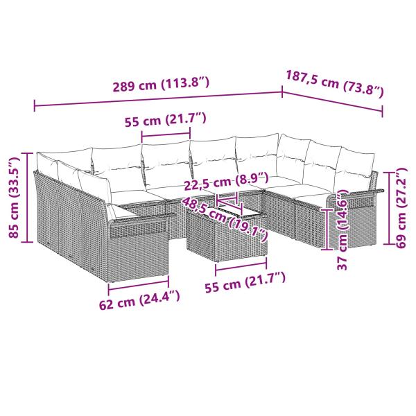 Gartensofa-set mit Kissen 10 pcs Grau Poly-Rattan