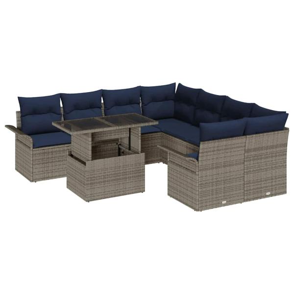 Garten-Sofa-Set mit Kissen 9 pcs Grau Poly Rattan