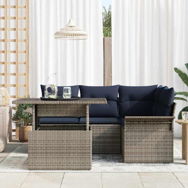 Gartensofa-set mit Kissen 5 pcs Grau Poly-Rattan