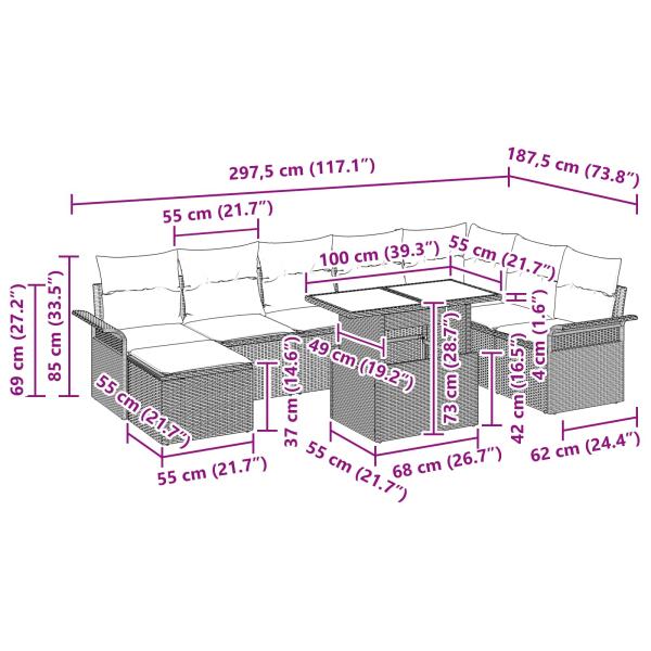 Gartensofa-set mit Kissen 9 pcs Grau Poly-Rattan