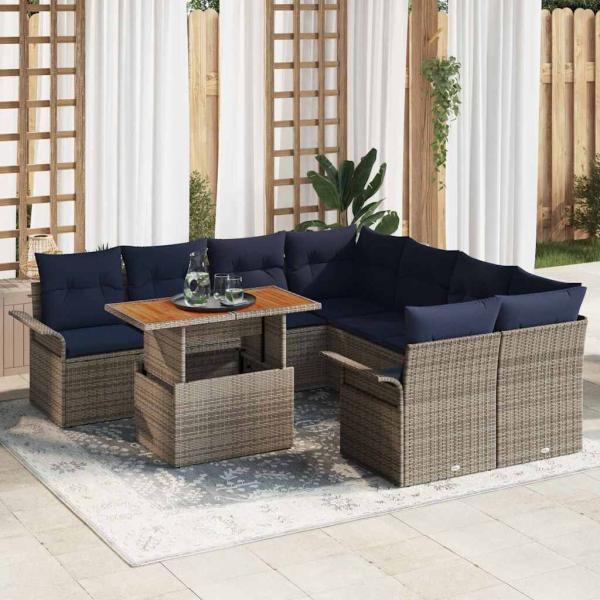 ARDEBO.de - Gartensofa-set mit Kissen 9 pcs Grau und Marineblau Poly-Rattan