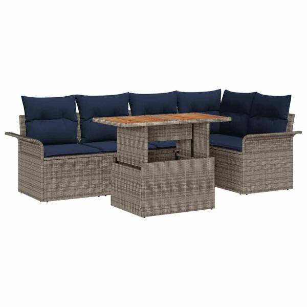Gartensofa-set mit Kissen 6 pcs Grau und Marineblau Poly-Rattan