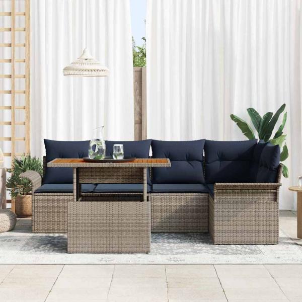 Gartensofa-set mit Kissen 6 pcs Grau und Marineblau Poly-Rattan