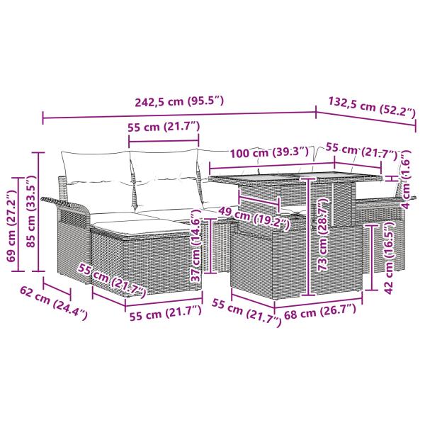 Garten-Sofa-Set mit Kissen 7 pcs Grau und Marineblau