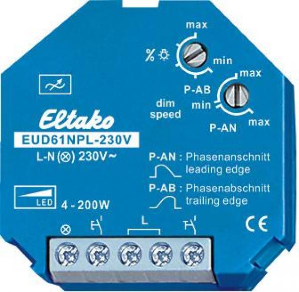 ARDEBO.de Eltako EUD61NPL-230V Universal Dimmschalter ohne N-Anschluss, für LED, Power MOSFET bis 200W (61100832)