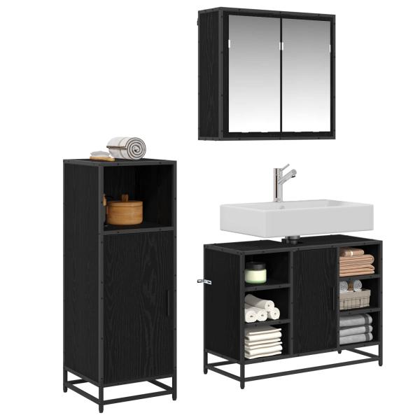 Badezimmermöbel-Set 3 stk. Schwarz Eichen-Optik 80 x 33 x 60 cm