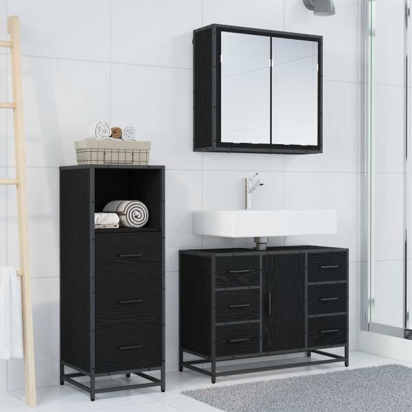 Badezimmermöbel-Set 3 stk. Schwarz Eichen-Optik 80 x 33 x 60 cm