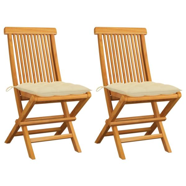 ARDEBO.de - Klappstühle mit cremeweißen Kissen, 2 Stück, Massivholz Teakholz