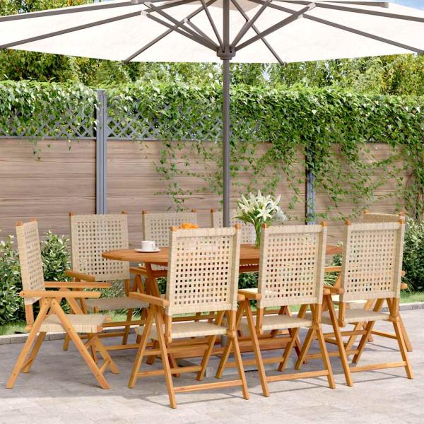 ARDEBO.de - 8-teiliges Set aus verstellbaren Klappstühlen, beige, aus Polyrattan und Massivholz