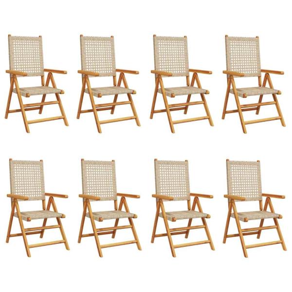 8-teiliges Set aus verstellbaren Klappstühlen, beige, aus Polyrattan und Massivholz
