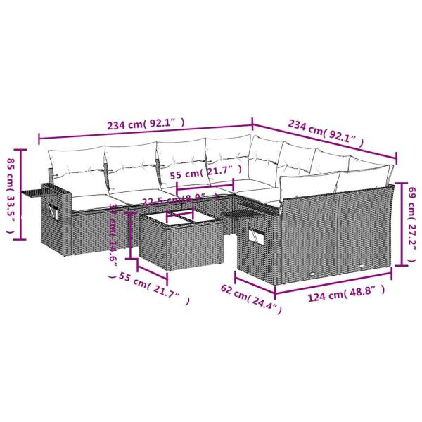 9-tlg. Garten-Sofagarnitur mit Kissen Hellgrau Poly Rattan