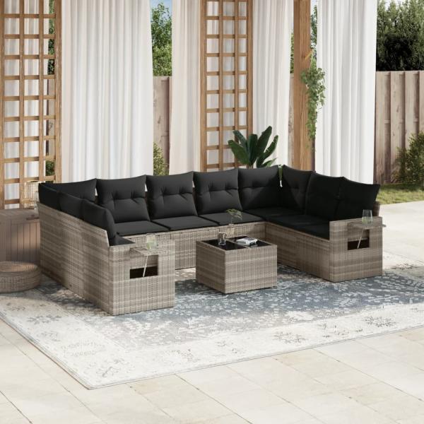 ARDEBO.de - 10-tlg. Garten-Sofagarnitur mit Kissen Hellgrau Poly Rattan