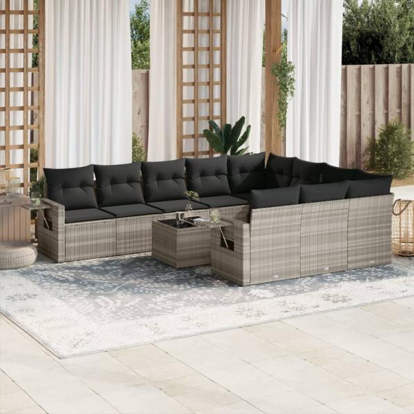 ARDEBO.de - 11-tlg. Garten-Sofagarnitur mit Kissen Hellgrau Poly Rattan