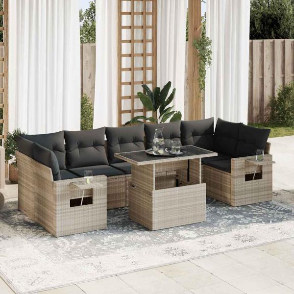 ARDEBO.de - 8-tlg. Garten-Sofagarnitur mit Kissen Hellgrau Poly Rattan