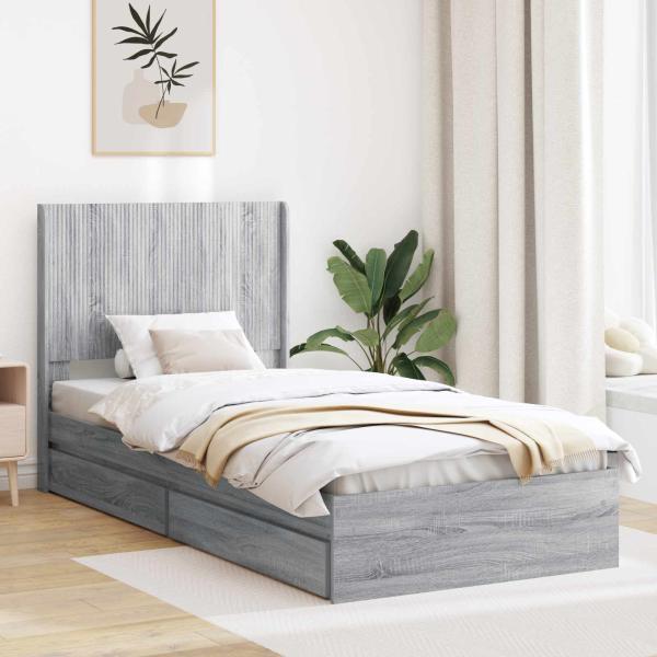 ARDEBO.de - Bettgestell mit Stauraum und Kopfteil Grau Sonoma 75 x 190 cm