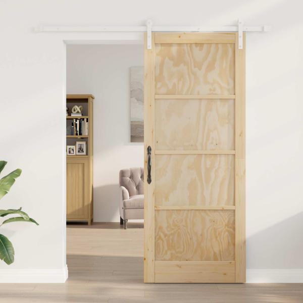 Schiebetür 86 x 211 cm Massives Kiefernholz Natürlich und Weiß