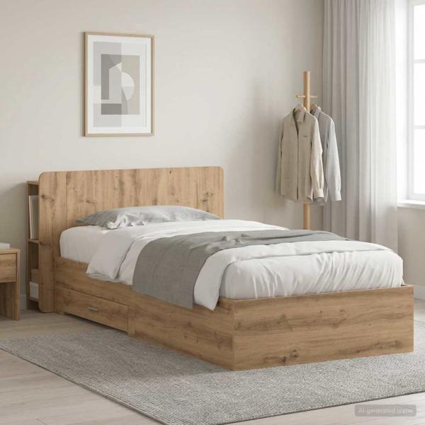 ARDEBO.de - Bettgestell mit Stauraum mit Kopfteil Artisan-Eiche 90 x 190 cm