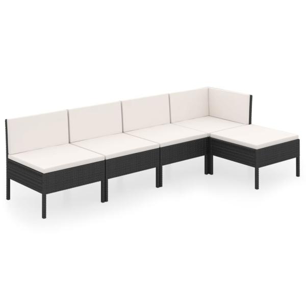 5-tlg. Garten-Lounge-Set mit Auflagen Poly Rattan Schwarz