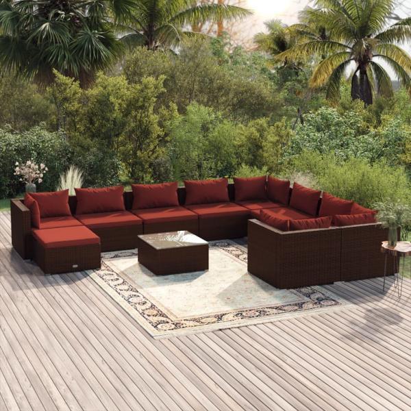 ARDEBO.de - 11-tlg. Garten-Lounge-Set mit Kissen Poly Rattan Braun