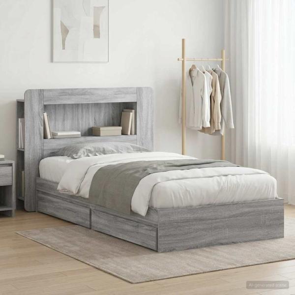ARDEBO.de - Bettgestell mit Stauraum Grau Sonoma 100 x 200 cm Holzwerkstoff