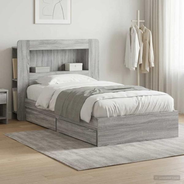 ARDEBO.de - Bettgestell mit Stauraum Grau Sonoma 90 x 200 cm Holzwerkstoff