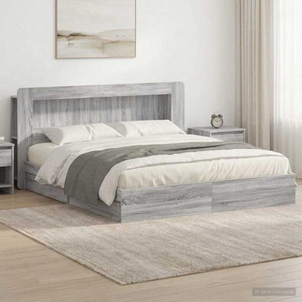 ARDEBO.de - Bettgestell mit Stauraum Grau Sonoma 200 x 200 cm Holzwerkstoff