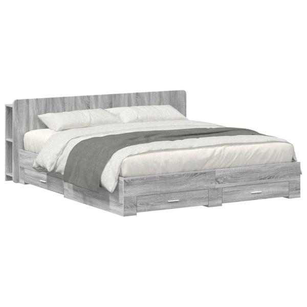ARDEBO.de - Bettgestell mit Stauraum Grau Sonoma 200 x 200 cm Holzwerkstoff
