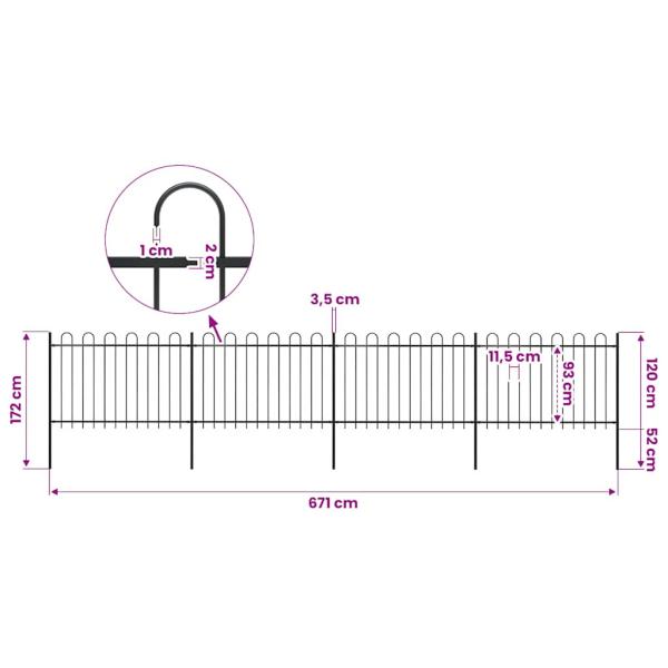 Gartenzaun mit Rundbogen Stahl 671 x 120 cm Schwarz