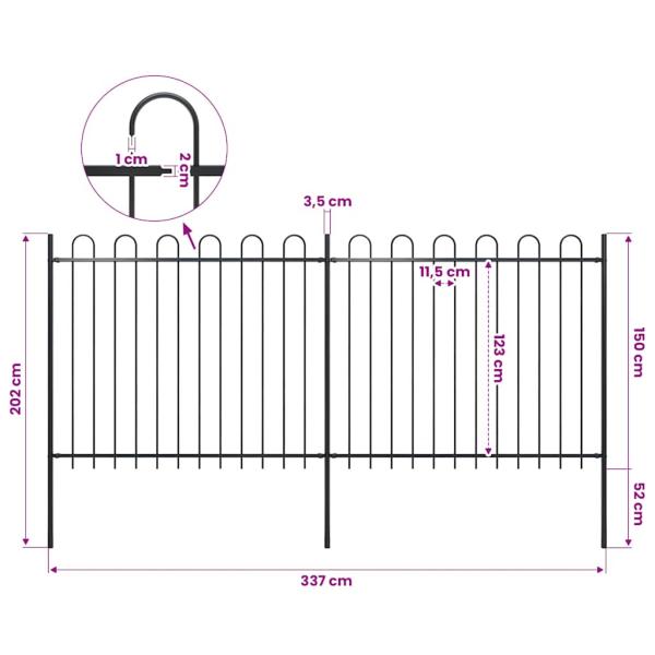 Gartenzaun mit Rundbogen Stahl 337 x 150 cm Schwarz