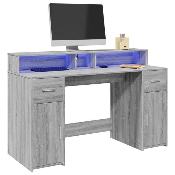 ARDEBO.de - LED-Schreibtisch Grau Sonoma 140x55x91 cm Holzwerkstoff