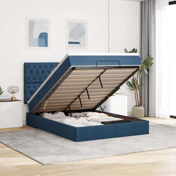 ARDEBO.de - Ottoman-Bett mit Matratze & LEDs Blau 140x200 cm Stoff
