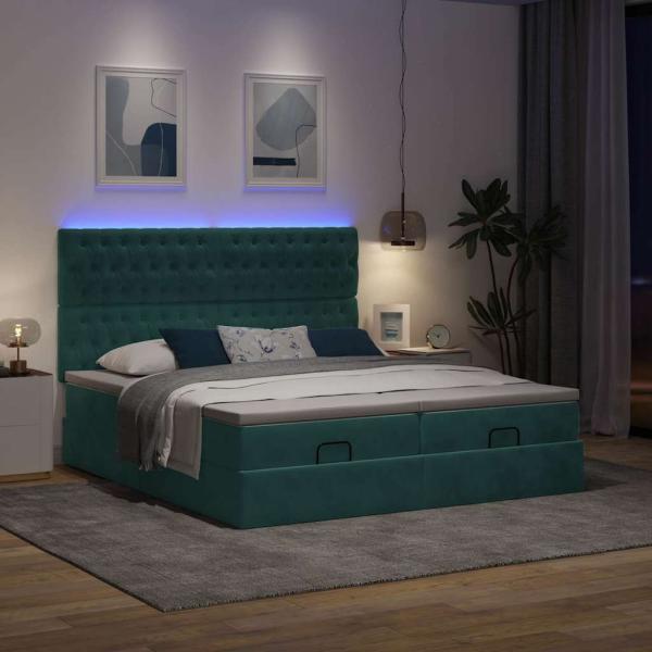 Ottoman-Bett mit Matratzen & LEDs Dunkelgrün 200x200 cm Samt