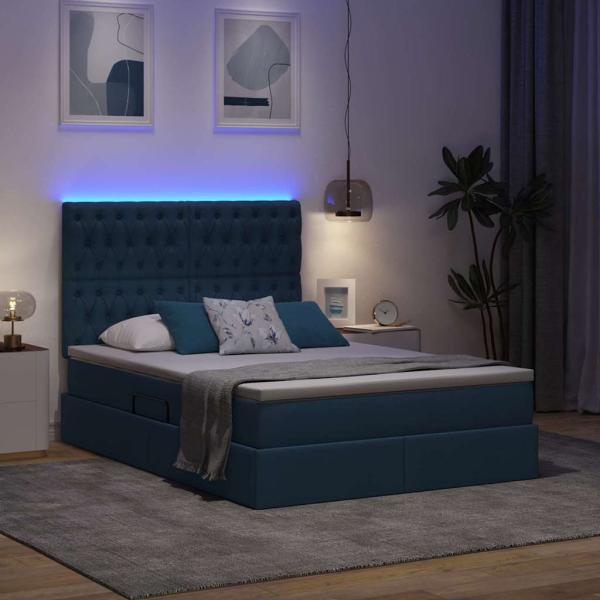 LED-Speicherbett mit Matratze Blau 140 x 200 cm Stoff