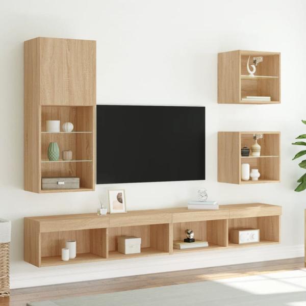 Wand-Nachttisch mit LED-Leuchten Sonoma-Eiche