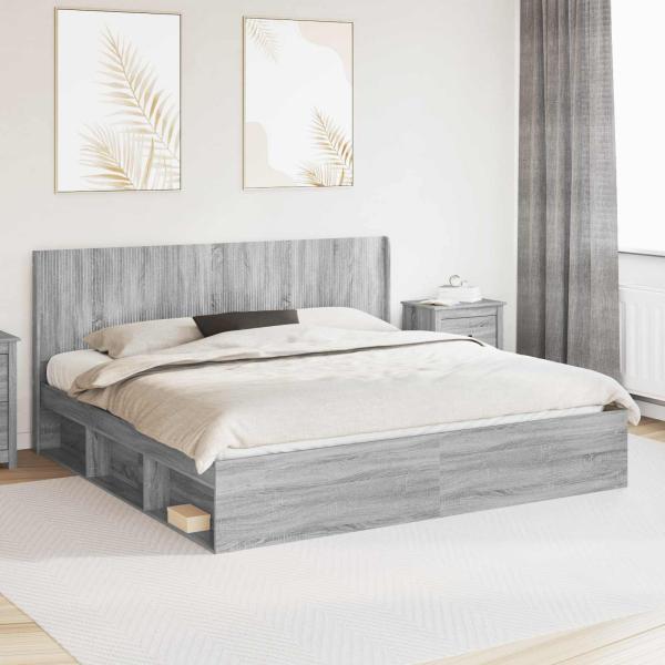 ARDEBO.de - Bettgestell mit Stauraum und Kopfteil Sonoma-Grau 200 x 200 cm