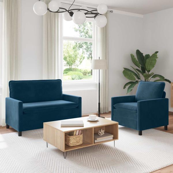 ARDEBO.de - Sofa Set 2 stk. Blau Samt