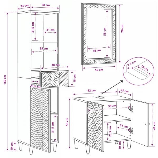 Badezimmerschrank-Set mit Schubladen 3 pcs Massivholz Mango