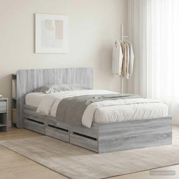 ARDEBO.de - Bettgestell mit Stauraum und Kopfteil Sonoma-Grau 75 x 190 cm
