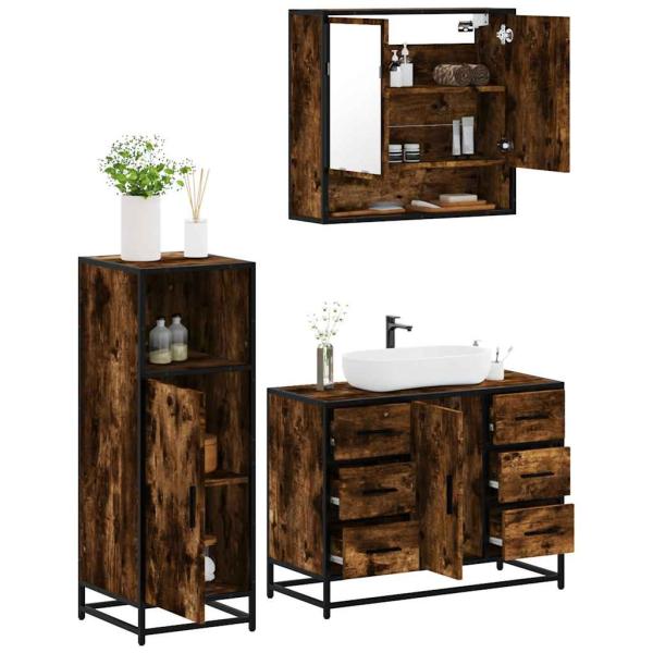 ARDEBO.de - 3-tlg. Badmöbel-Set Räuchereiche Holzwerkstoff