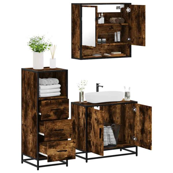 ARDEBO.de - 3-tlg. Badmöbel-Set Räuchereiche Holzwerkstoff