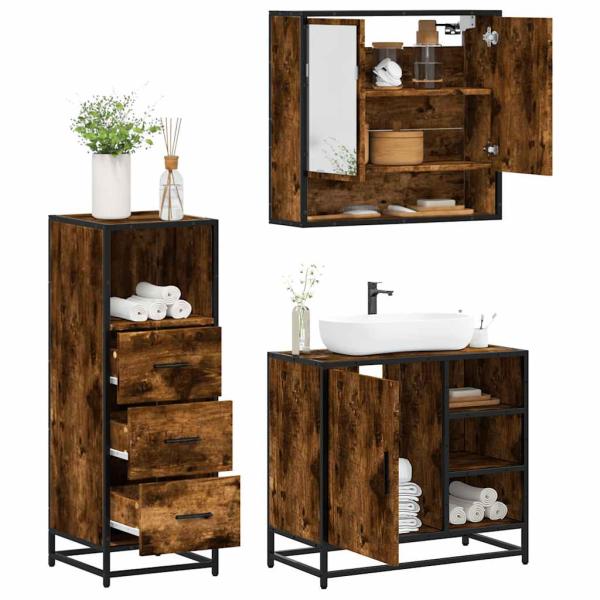 ARDEBO.de - 3-tlg. Badmöbel-Set Räuchereiche Holzwerkstoff