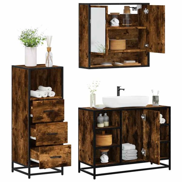 ARDEBO.de - 3-tlg. Badmöbel-Set Räuchereiche Holzwerkstoff
