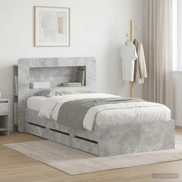 ARDEBO.de - Bettgestell mit Stauraum und Kopfteil Betongrau 75 x 190 cm