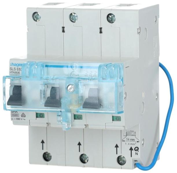 Hager HTN363E SLS Schalter 3-Polig, E-Charakteristik, 63A, für Hutschienenmontage
