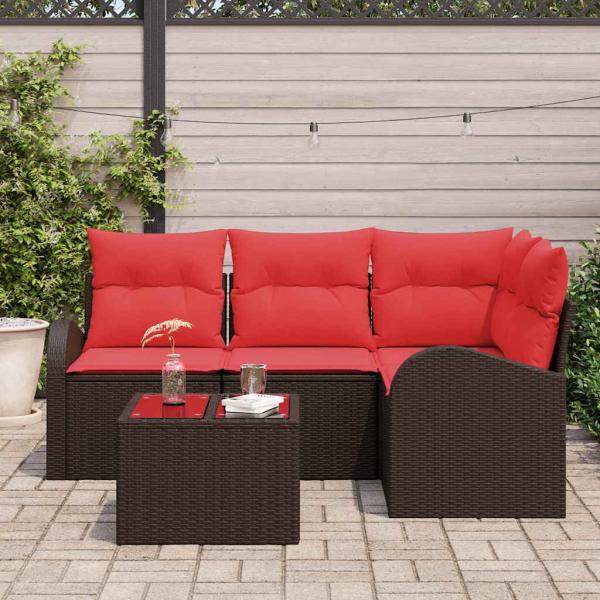 Gartensofa-set 5 stk. Braun und Rot Poly-Rattan