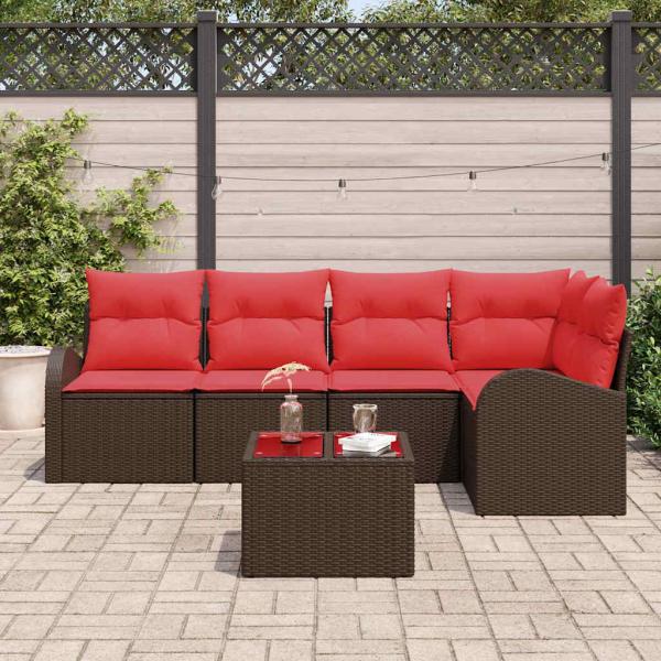 Gartensofa-set 6 stk. Braun und Rot Poly-Rattan