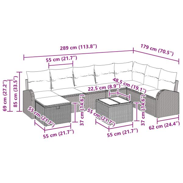 Garten-Sofa-Set mit Kissen mit Speicher 9 pcs Braun Poly Rattan